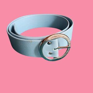Vintage 1960's Mod Belt 14 30 31 32 Light Blue Faux Leather Vinyl Round Buckle